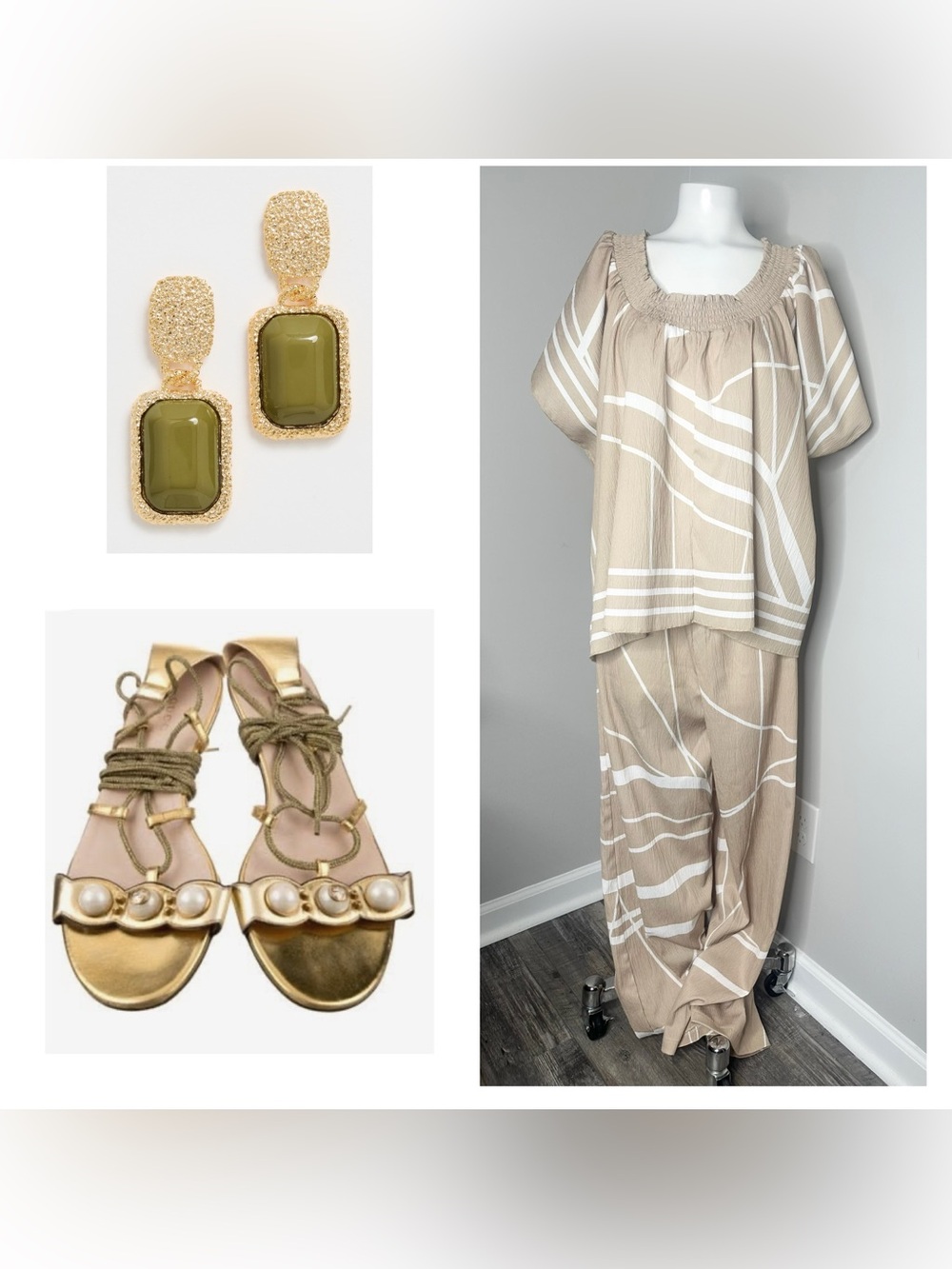 Beige & White Printed Wide-Leg pants top set-2X